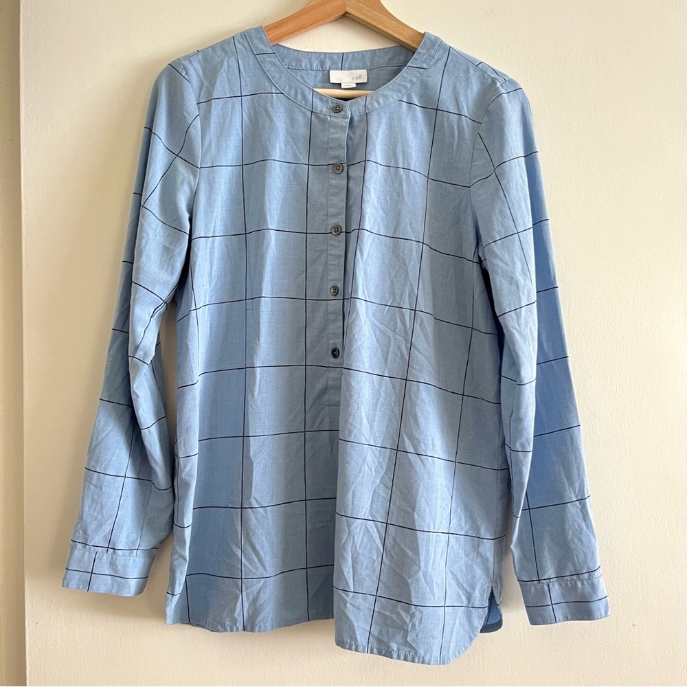 J. Jill Window Pane Long Sleeve Half Button Down Blouse Blue — Small